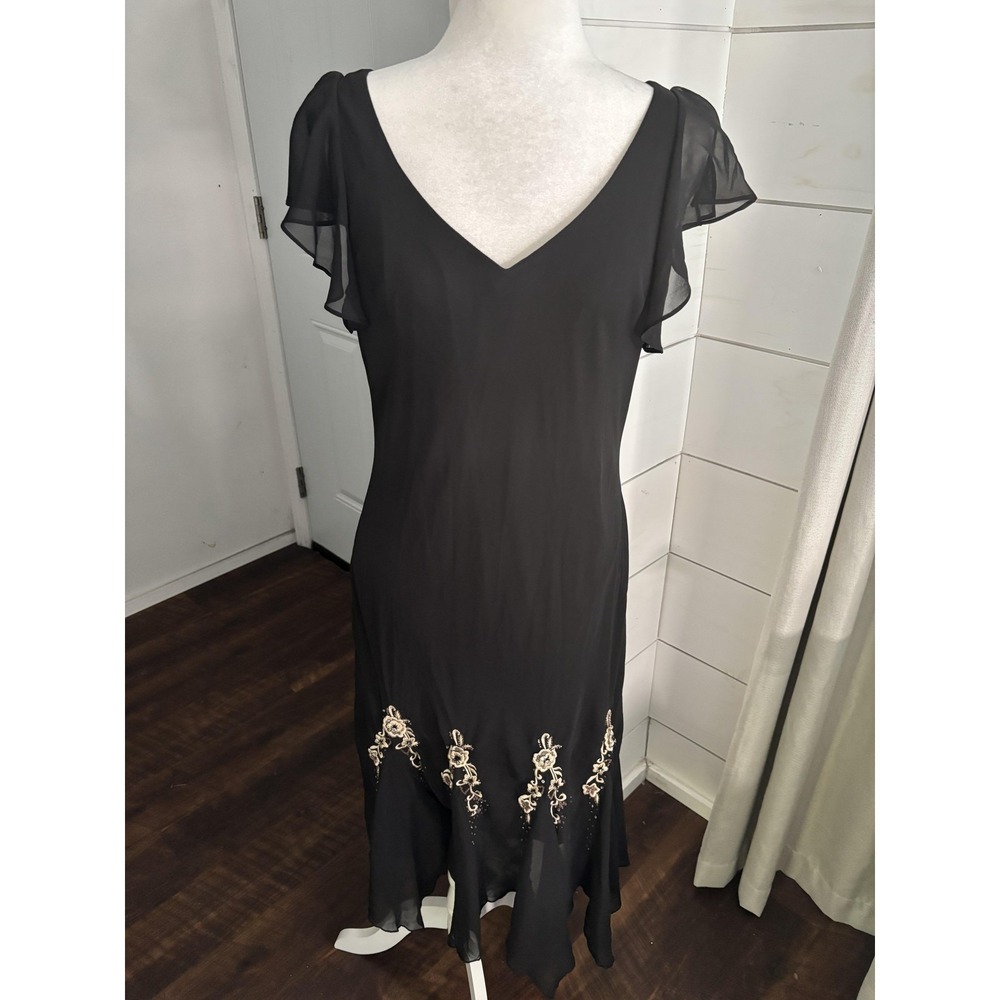 SL Fashions Dress Women 14 Black Chiffon Floral Beaded Midi Whimsigoth Fairy Y2K